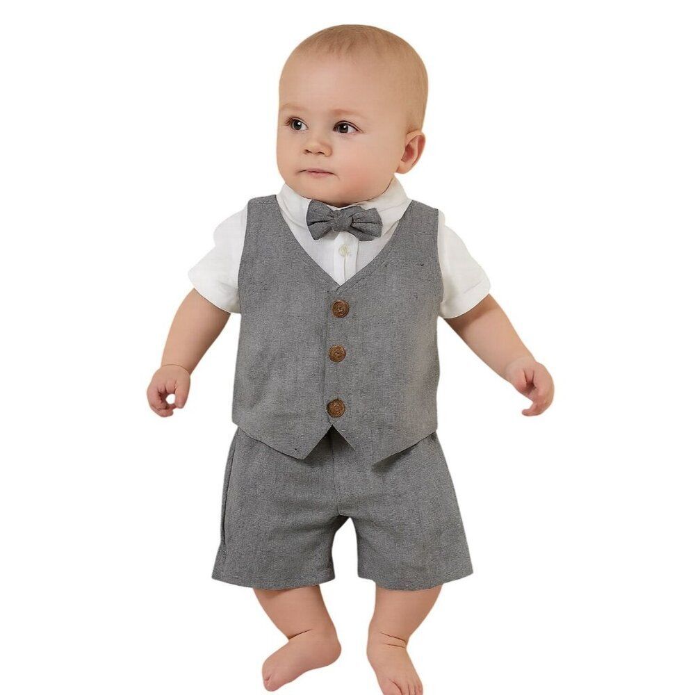 9-12 MONTHS Grey Herringbone 3 Piece Shorts Kids Toddler Shirt Vest Bow Tie